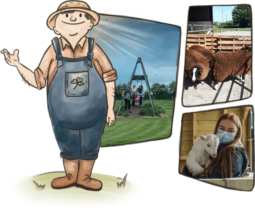 Cartoon farmer and family enjoy Castleview Open Farm’s playground with brown sheep and goats.