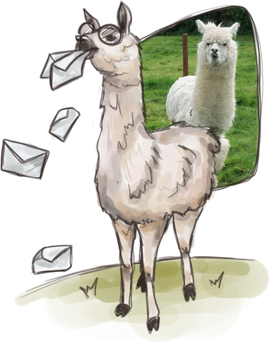 Cartoon llama in glasses spitting contact envelopes, real llama in the background.