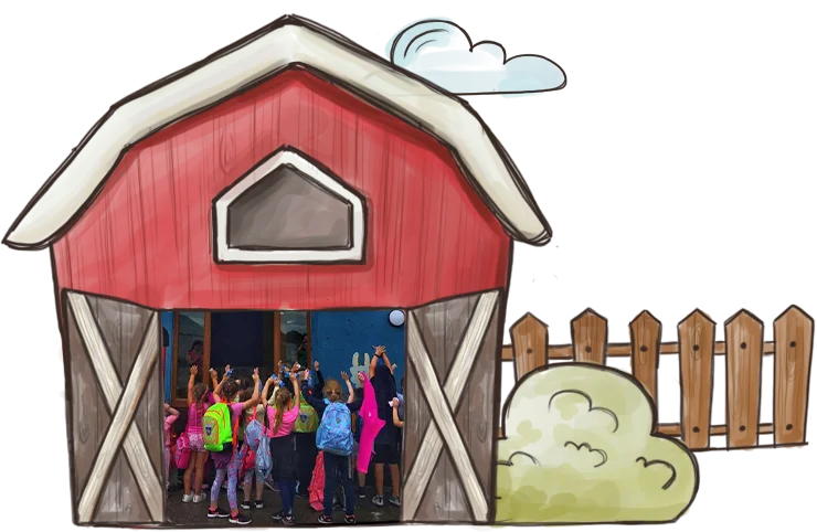 Children with backpacks cheering inside a cartoon red barn.