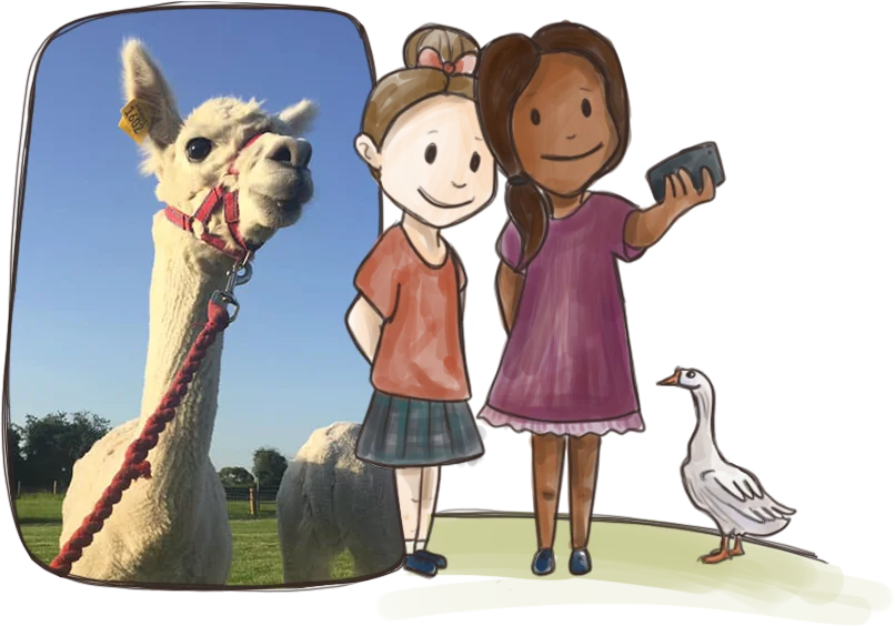 Two children taking a selfie with an alpaca and a duck nearby.